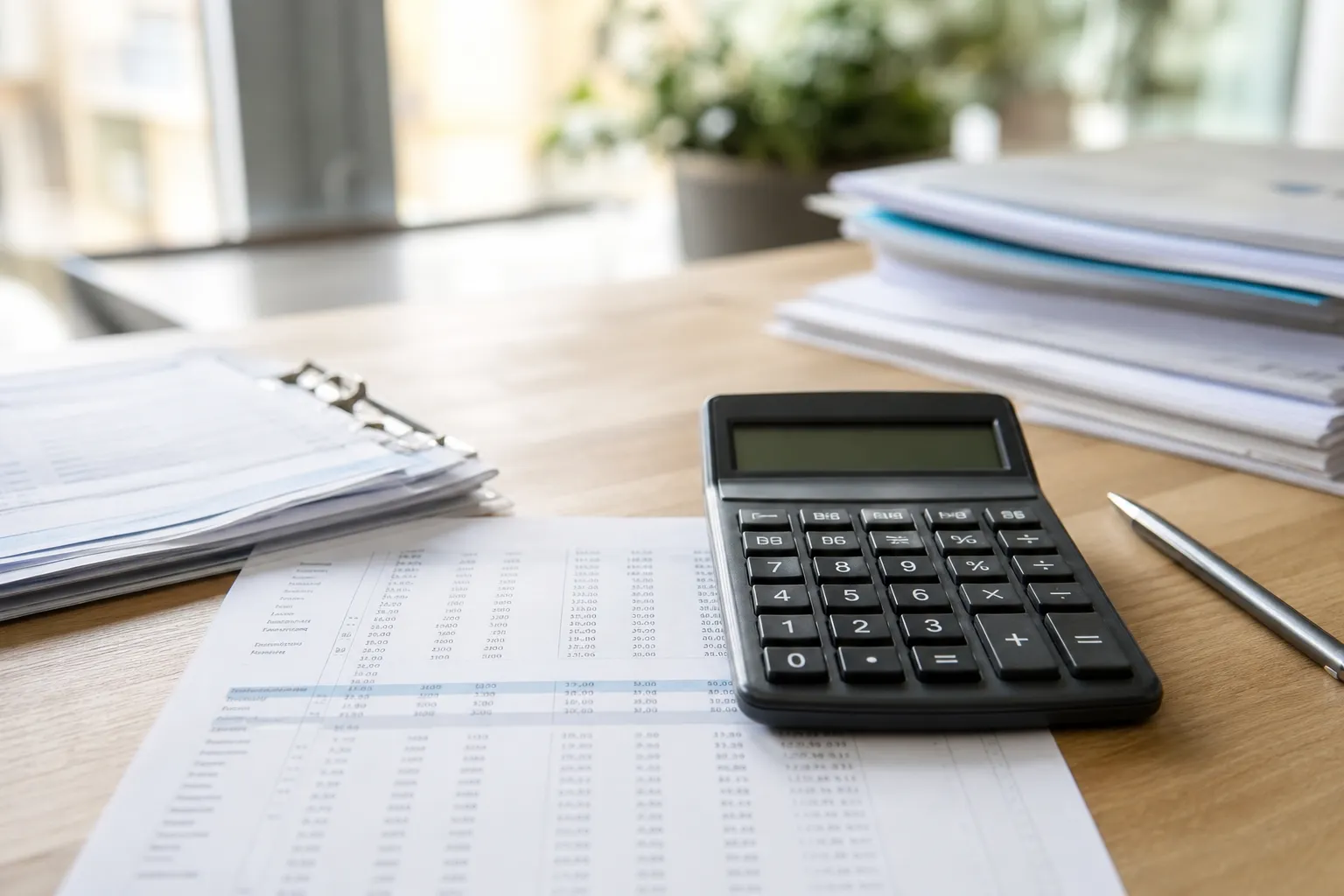 Calculatrice et relevés de revenus posés sur un bureau