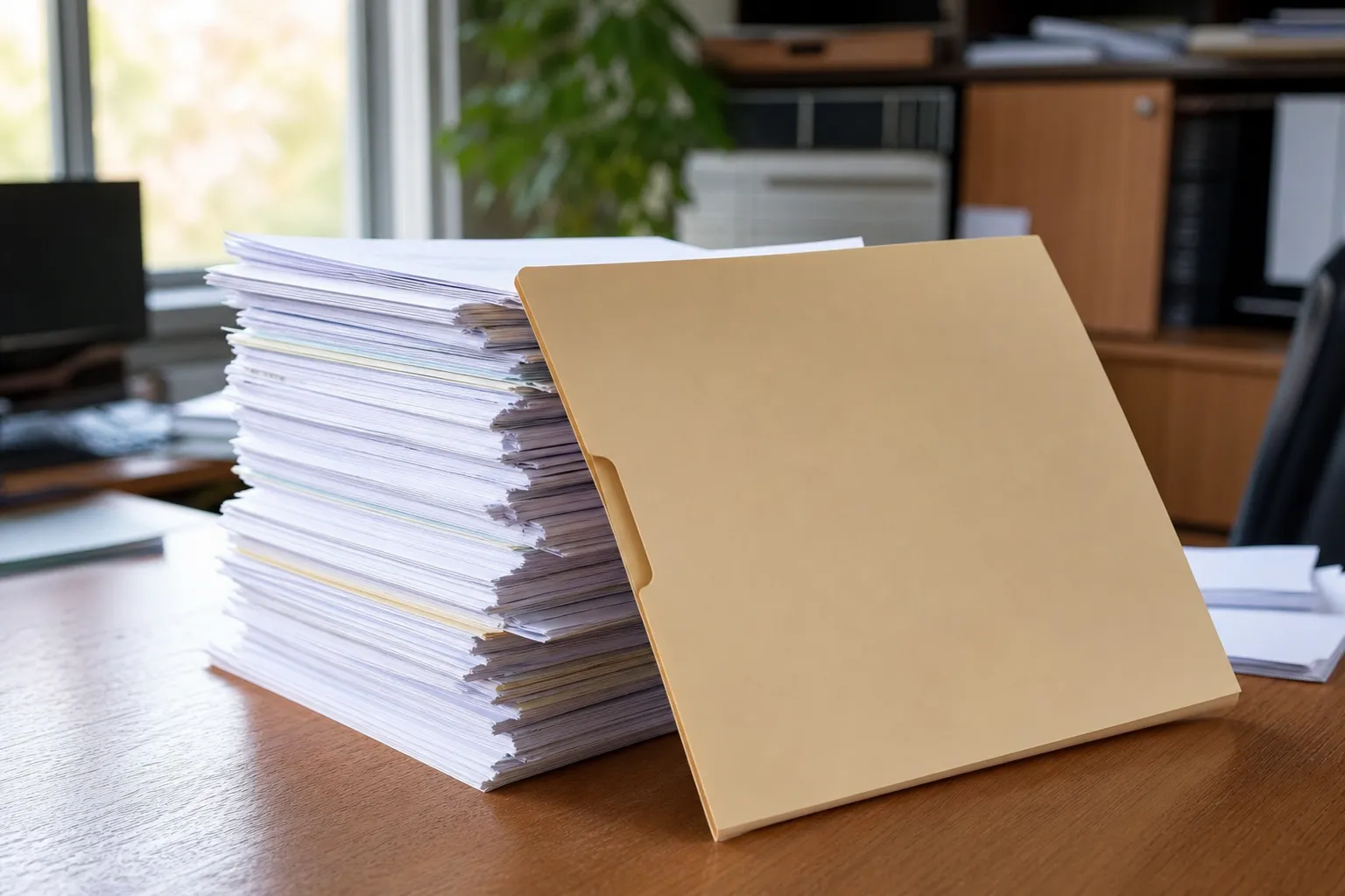 Pile de documents et chemise de dossier de prêt sur un bureau