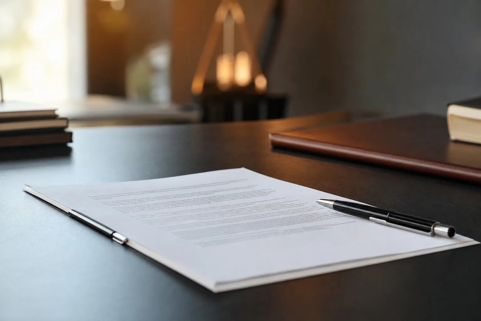 Contrat de mandat et stylo posés sur un bureau