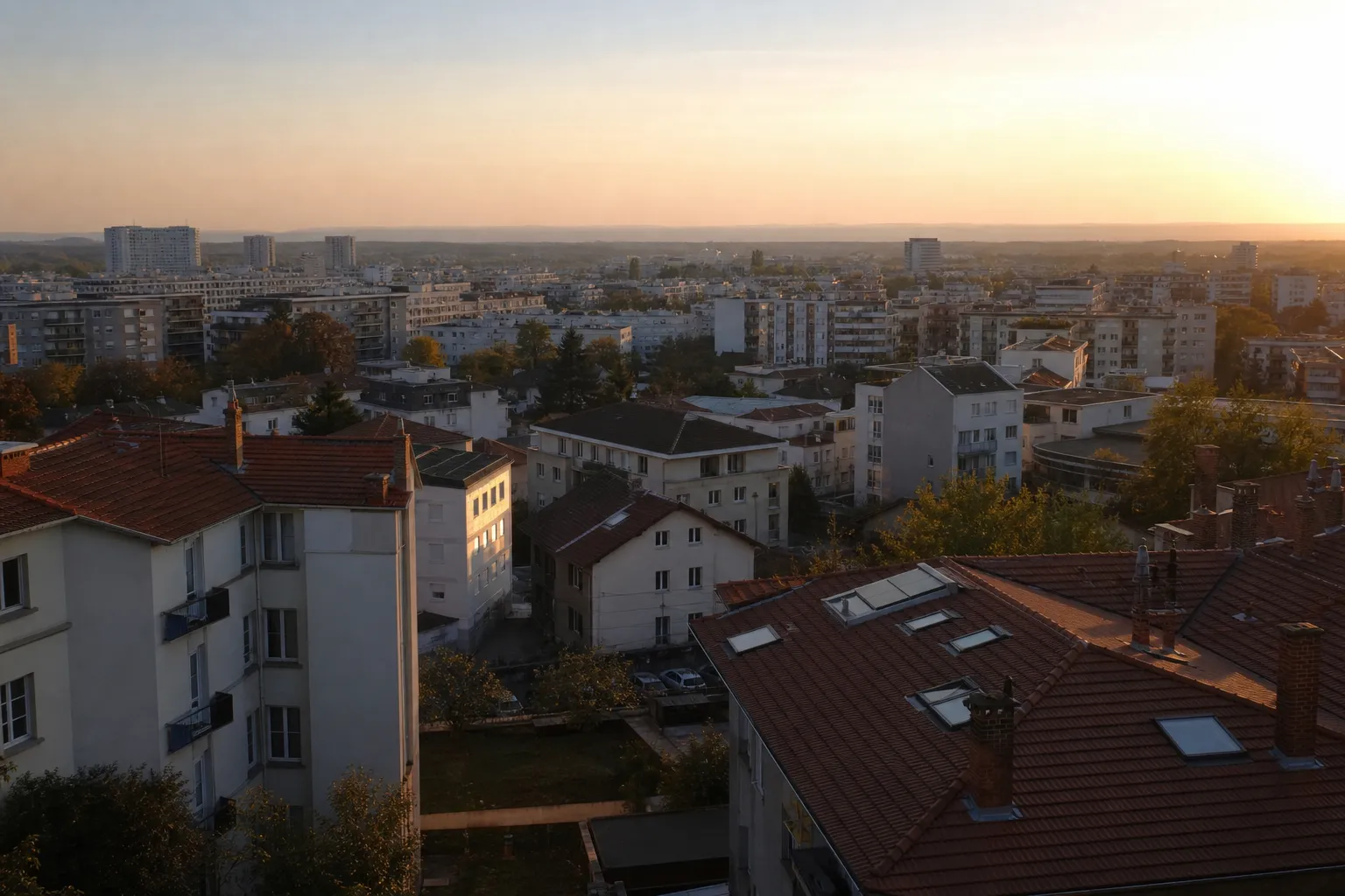 Vue discrète d’un quartier de l’agglomération lyonnaise depuis un point haut, sans monument identifiable