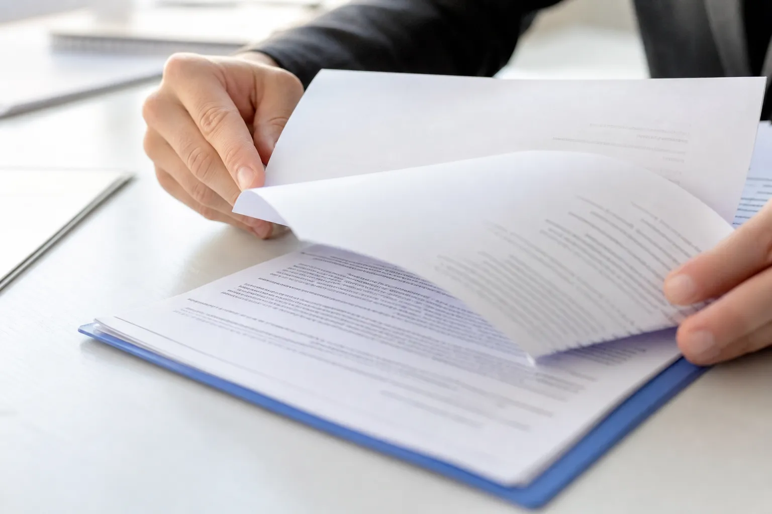 Contrat d’assurance emprunteur feuilleté sur un bureau, lumière douce