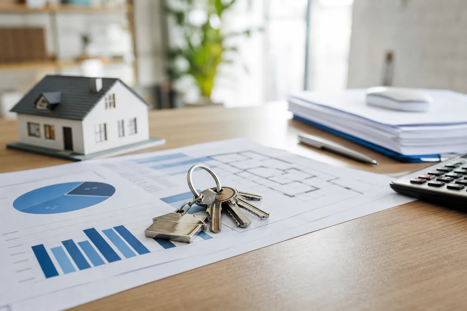Plan de financement et clés posées sur une table de travail