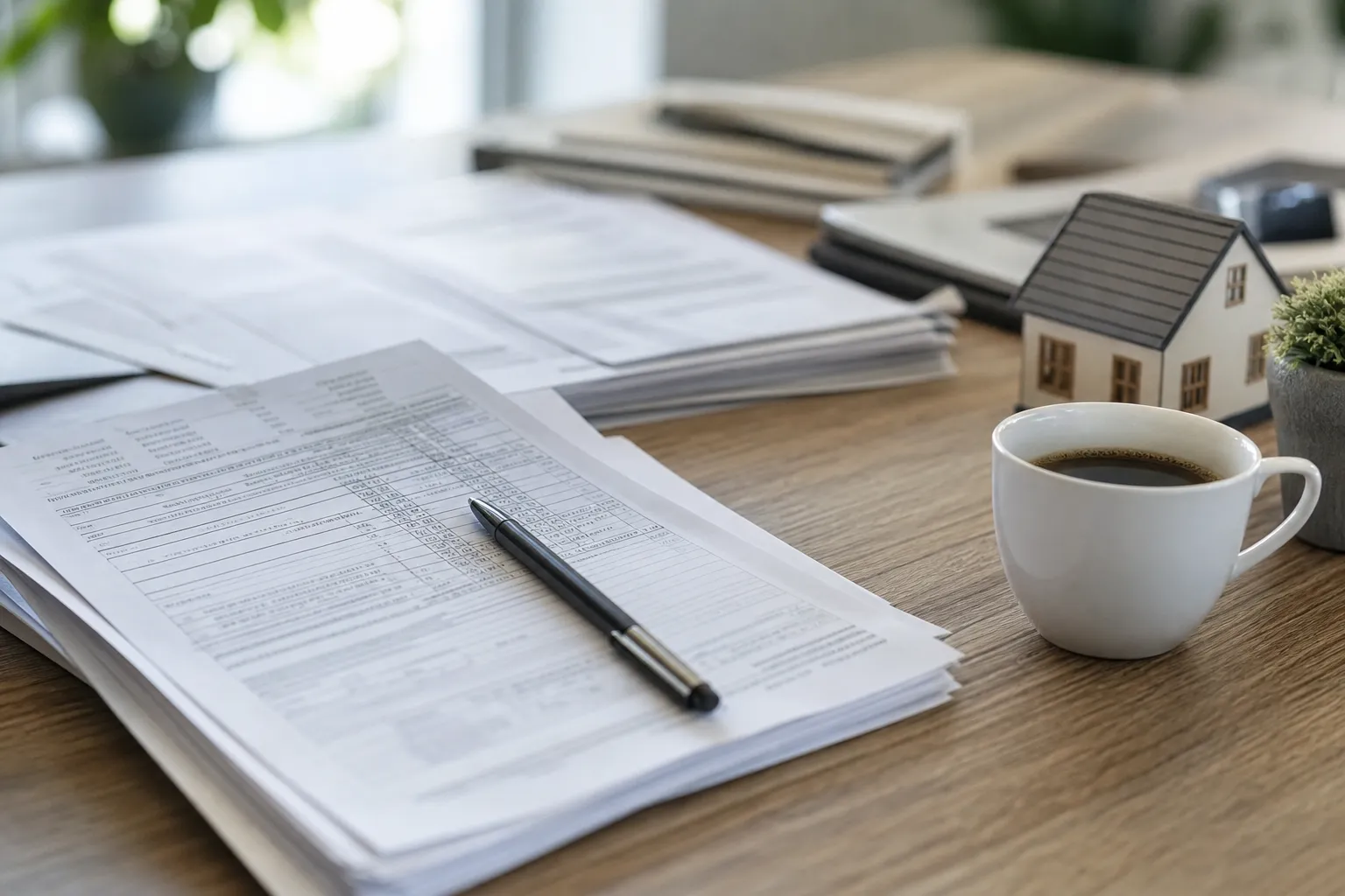 Documents de prêt immobilier posés sur un bureau, stylo à proximité