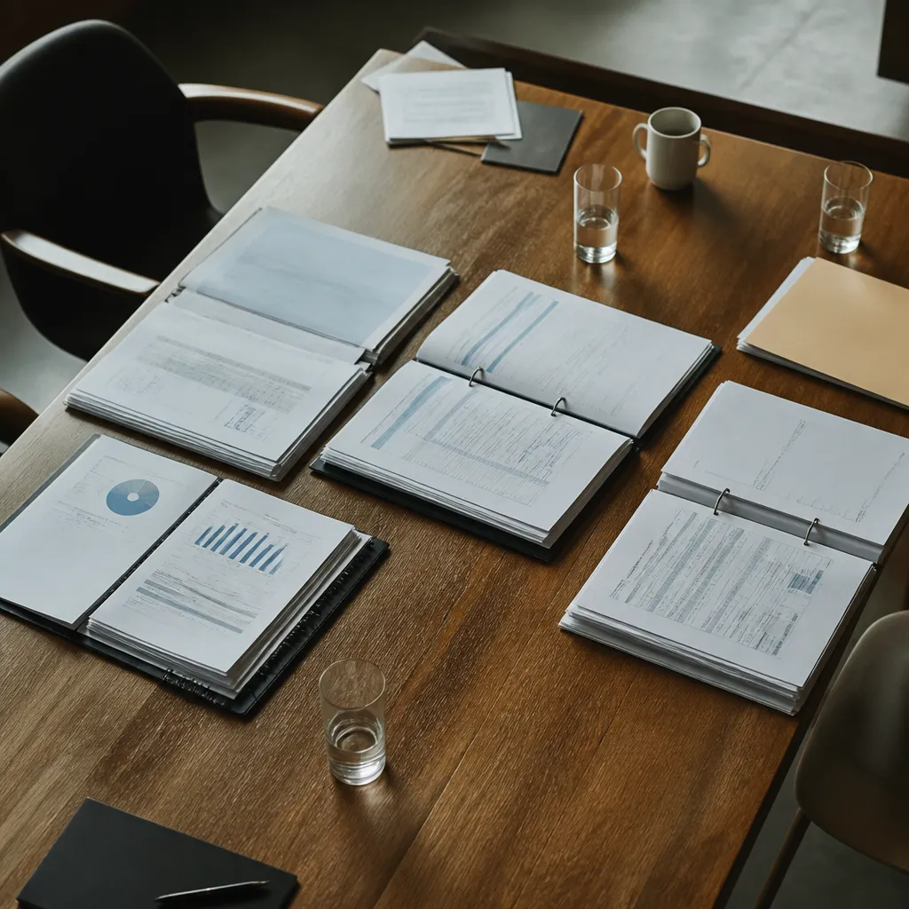 Table de réunion avec dossiers de financement ouverts