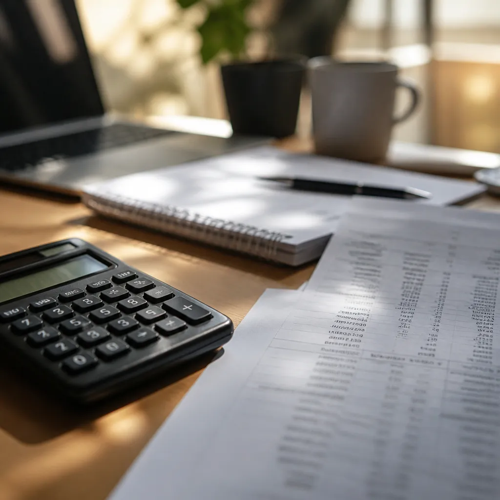 Espace de travail sobre avec calculatrice et relevés bancaires flous