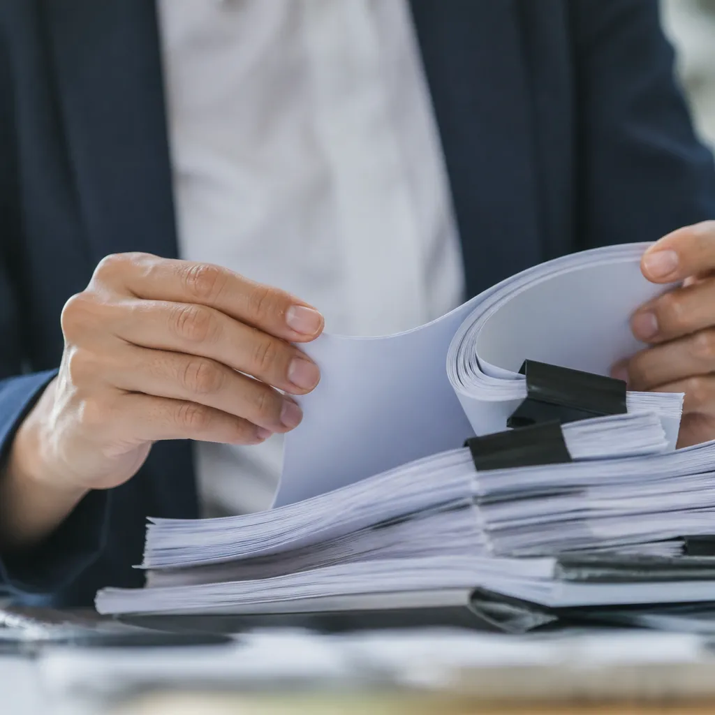 Mains qui feuillettent un dossier de financement, visage hors cadre
